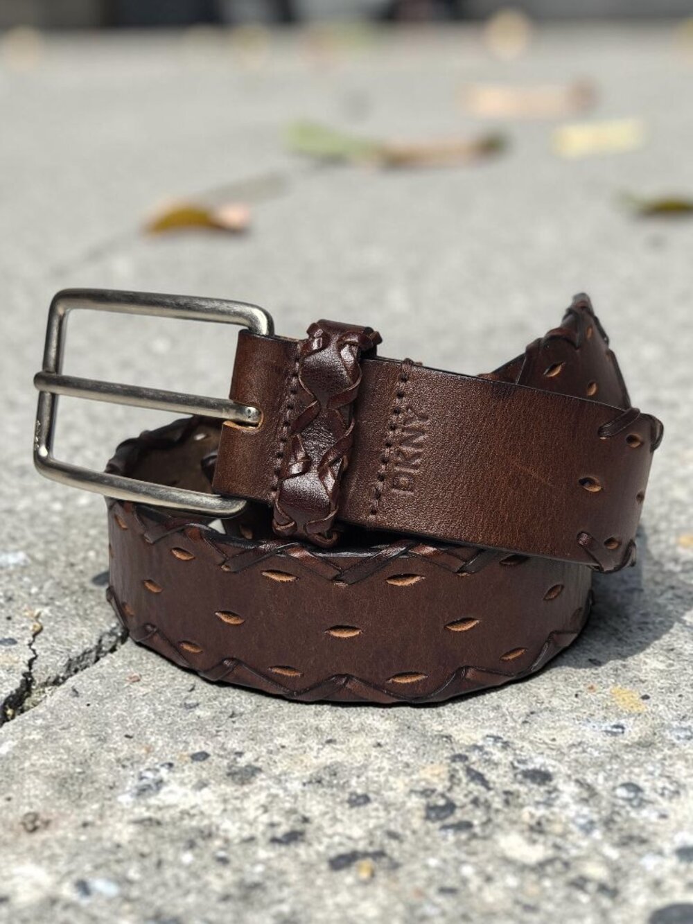 DKNY Womens Brown Leather Belt Braided Edge Chunky Silver Buckle M